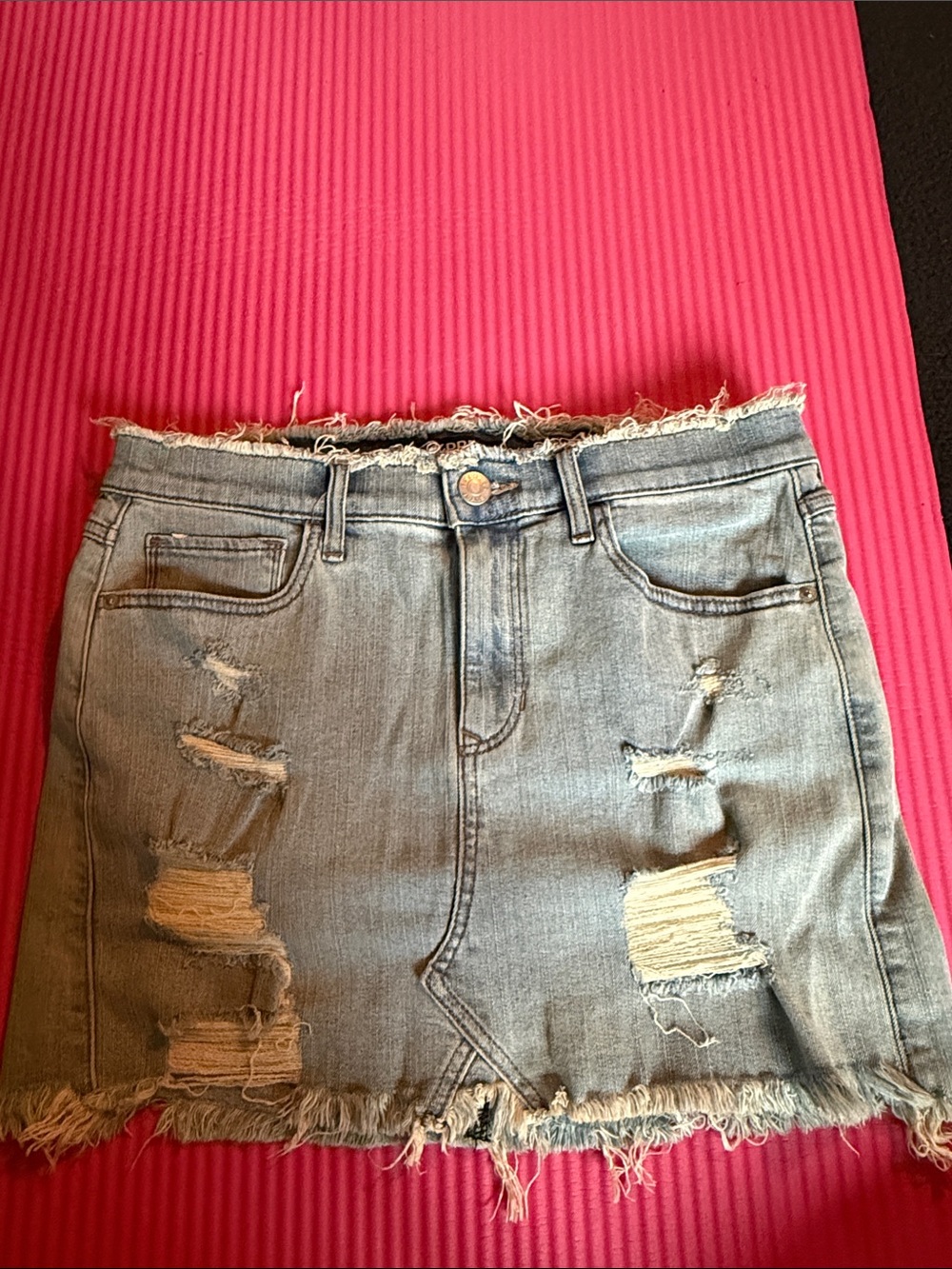 Express Light Blue Distressed Denim Mini Skirt